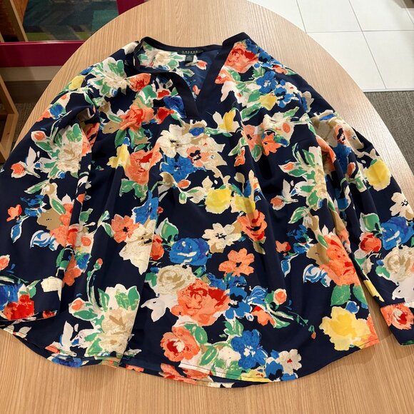 Lauren Ralph Lauren Floral Print Popover Blouse 2X Navy Blue Long Sleeve - Picture 1 of 3